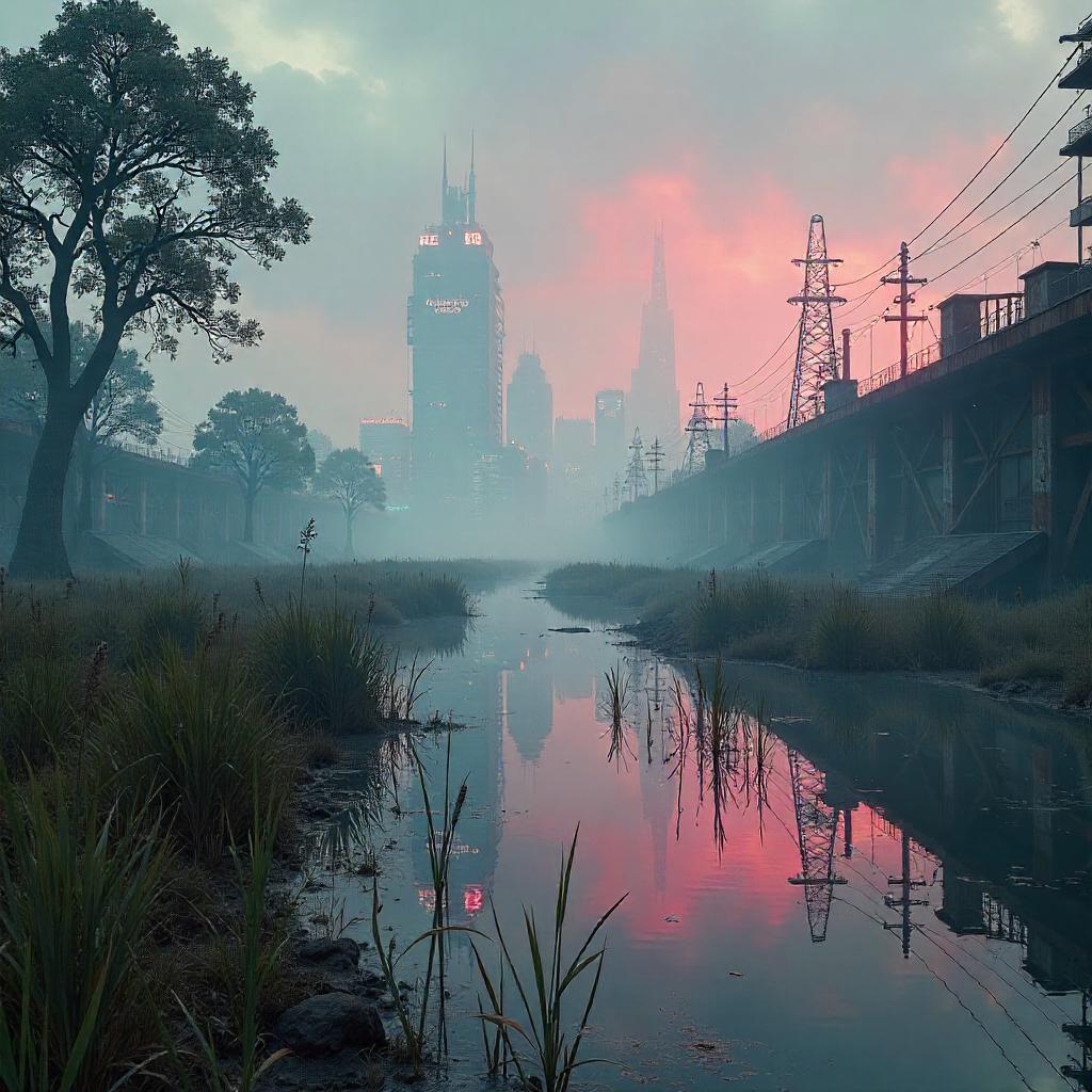 Mist-Washed Marsh: Neon Dawn in a Cyberpunk Wetland