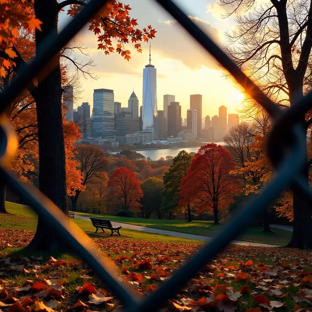 Autumn Skyline Framed by Chain-Link Fence: Urban-Nature Contrast
