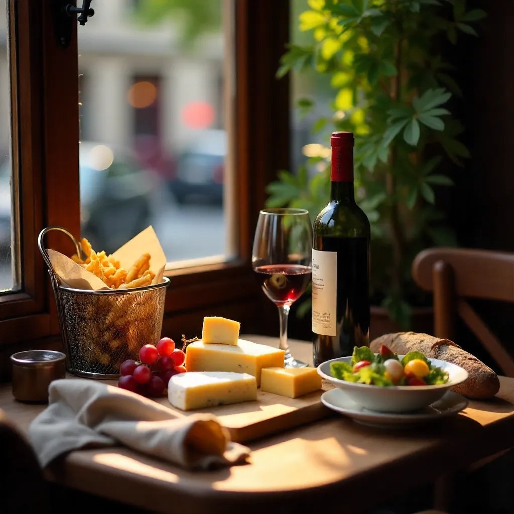 Cozy French Bistro Feast: Cheese, Wine, Fries & Salad