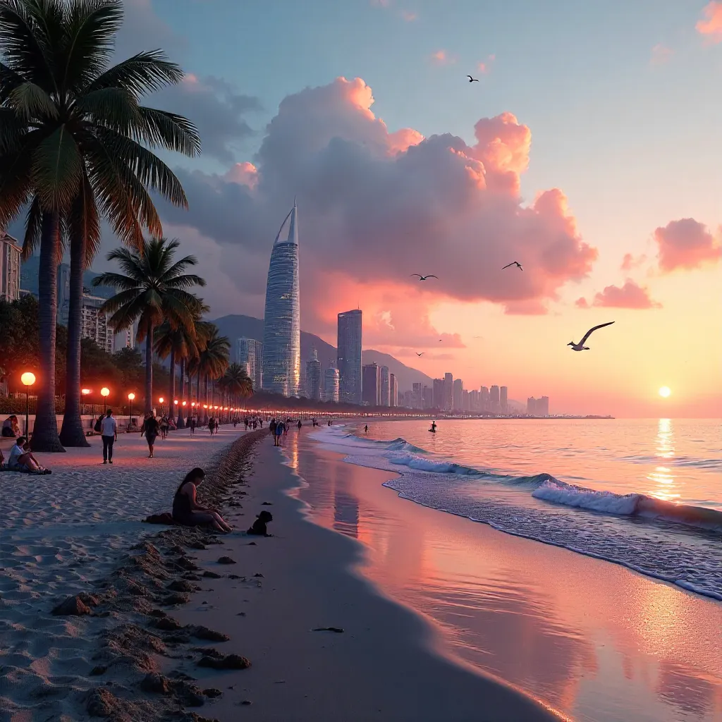 Dusk on a City Beach: Serenity by the Skyline