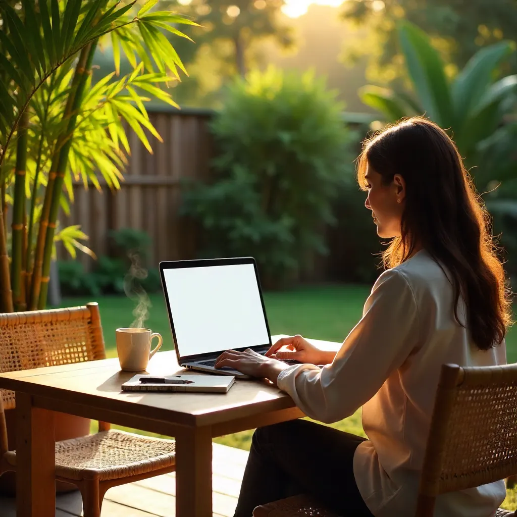 Inviting Outdoor Bamboo Workspace with Laptop