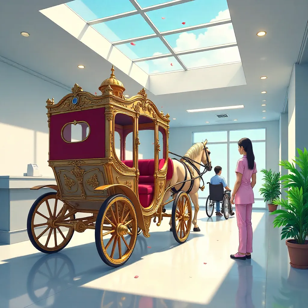 Ornate anime carriage in a hospital lobby