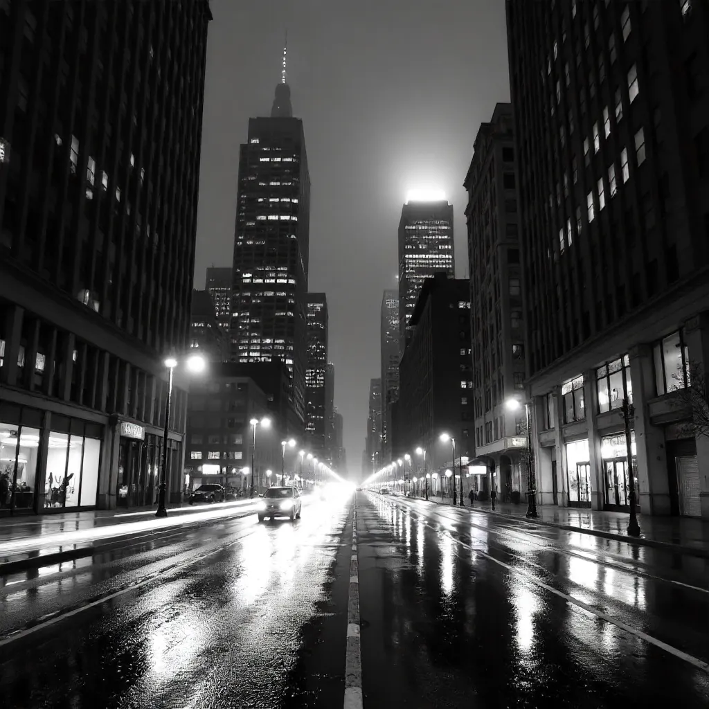 Noir Monochrome Skyline: Skyscrapers and Motion Blur Traffic