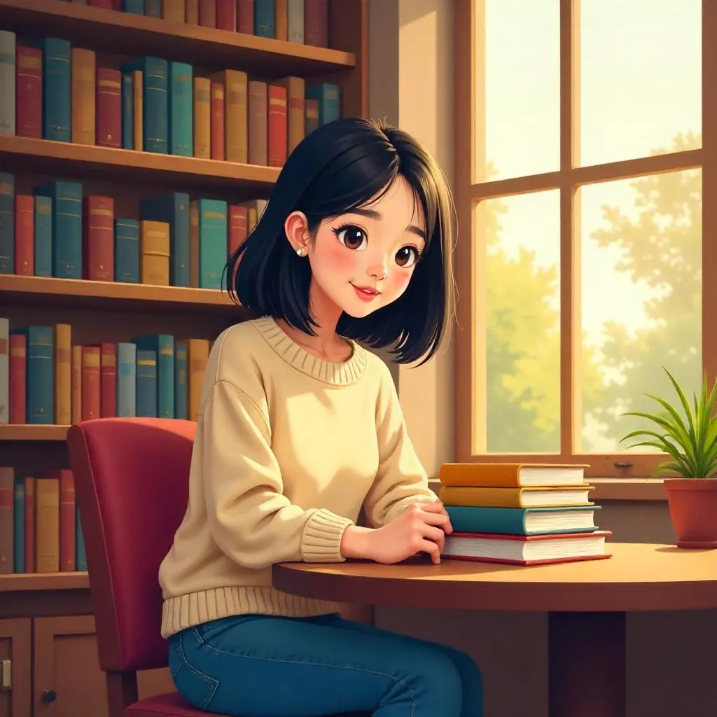 Young Asian Woman Reading in a Cozy Library (Cartoon)