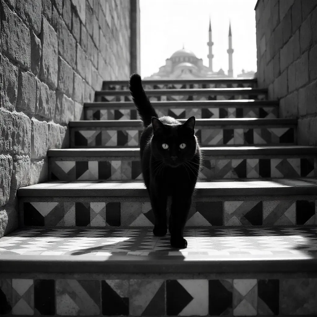 Noir Staircase: Black Cat in Istanbul