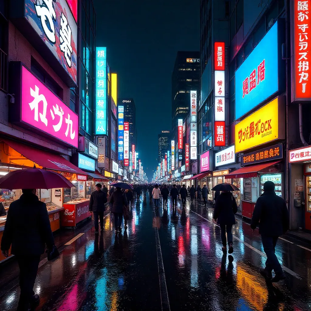 Shinjuku Neon Night: Crowds Under Rainy Lights