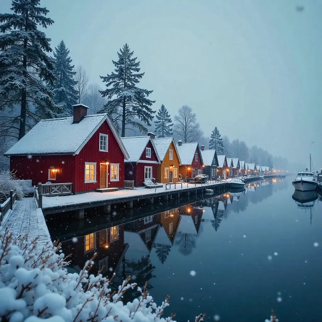 Stockholm Winter Waterfront Cottages Under a Moody Sky