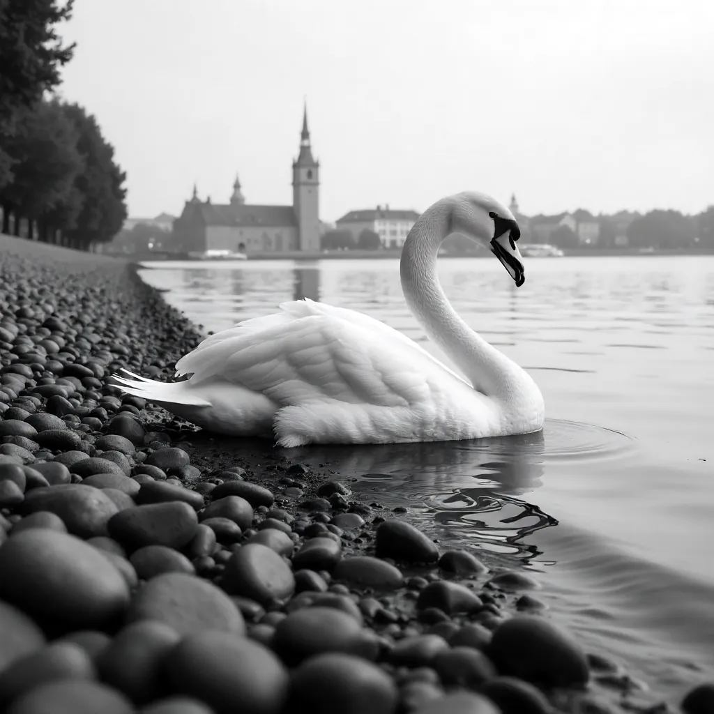 Swan on a Pebble Shore in Zagreb (Monochrome)