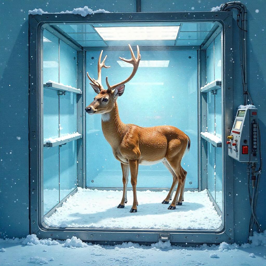 Cryogenic Watercolor Deer in a Glass Chamber