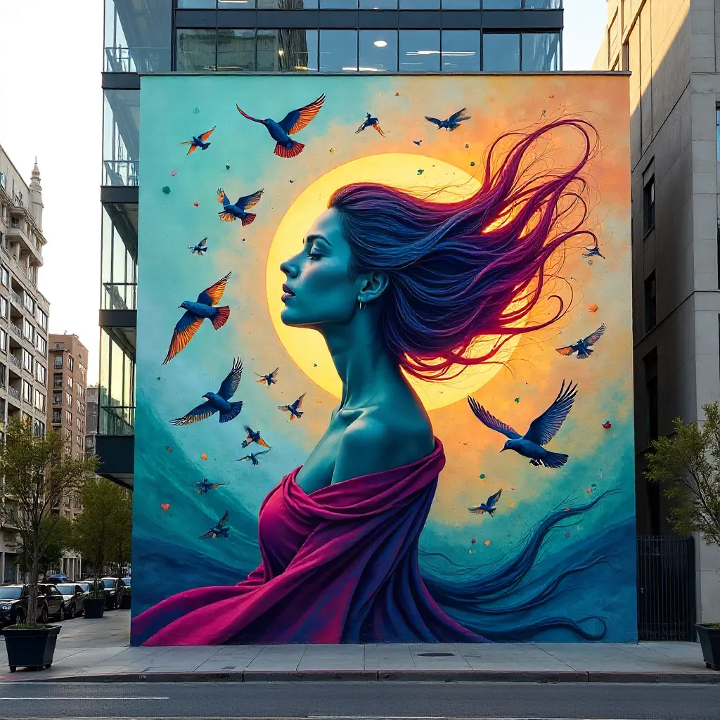 Vivid urban mural: Woman and birds on modern facade
