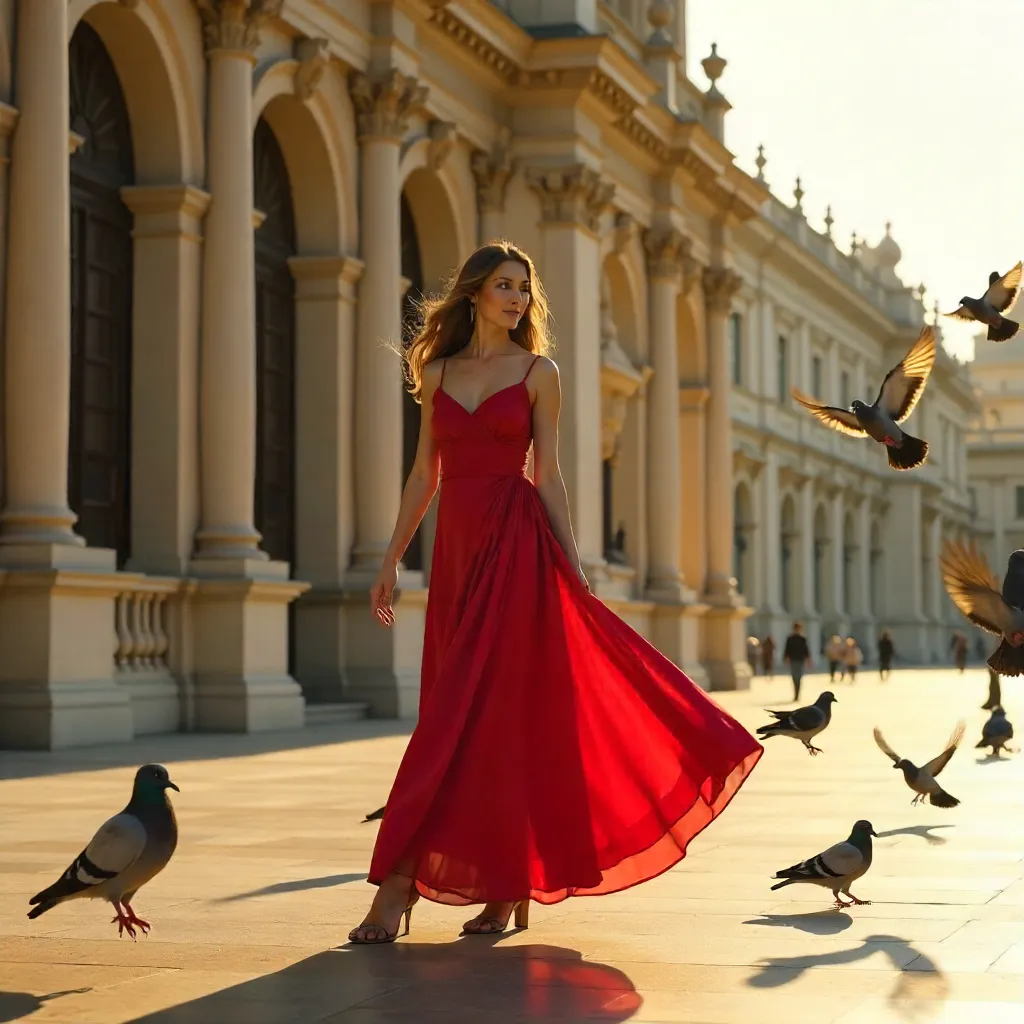 Red-Dressed Woman Amid Pigeons Before Ornate Architecture
