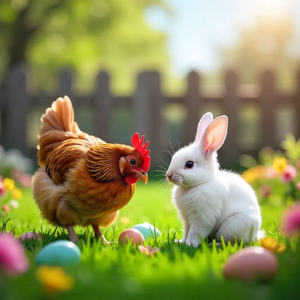 Pastel Easter Farm: Chicken and Rabbit with Eggs