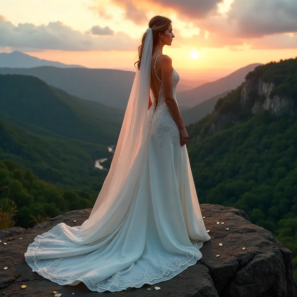 Clifftop Bride in White Veil among Lush Landscape