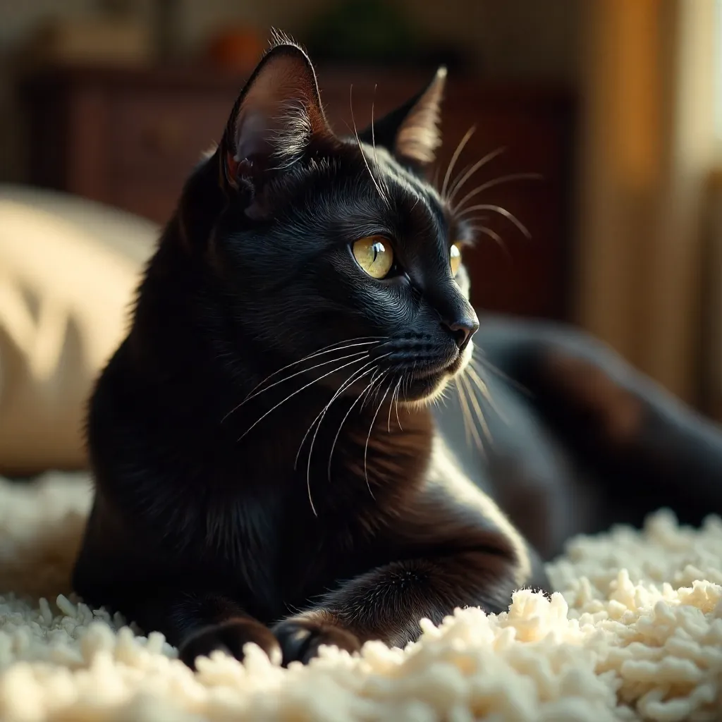 Cozy Close-Up: Black Cat on a Plush Rug