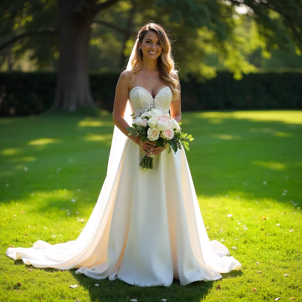 Bride with Bouquet on Grass - Outdoor Wedding