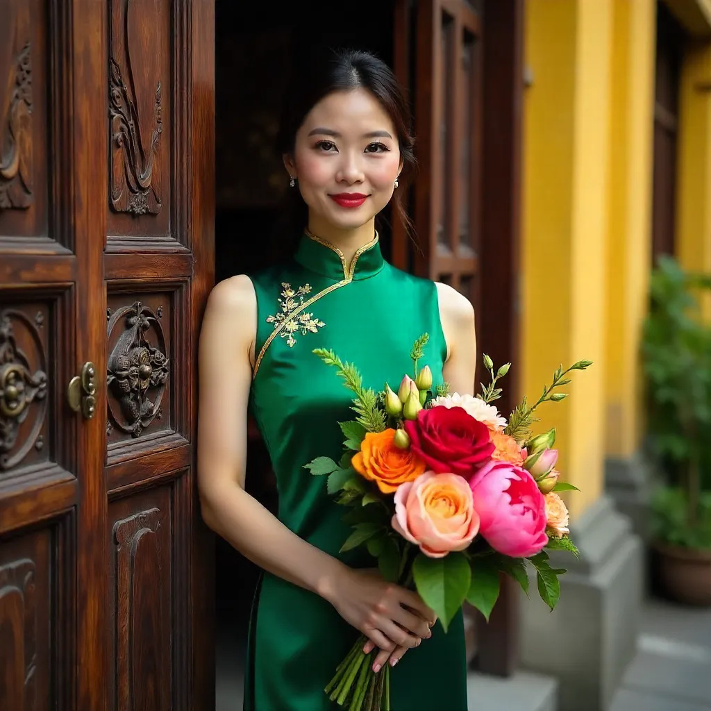 Ao Dai by Ornate Hanoi Door with Bouquet