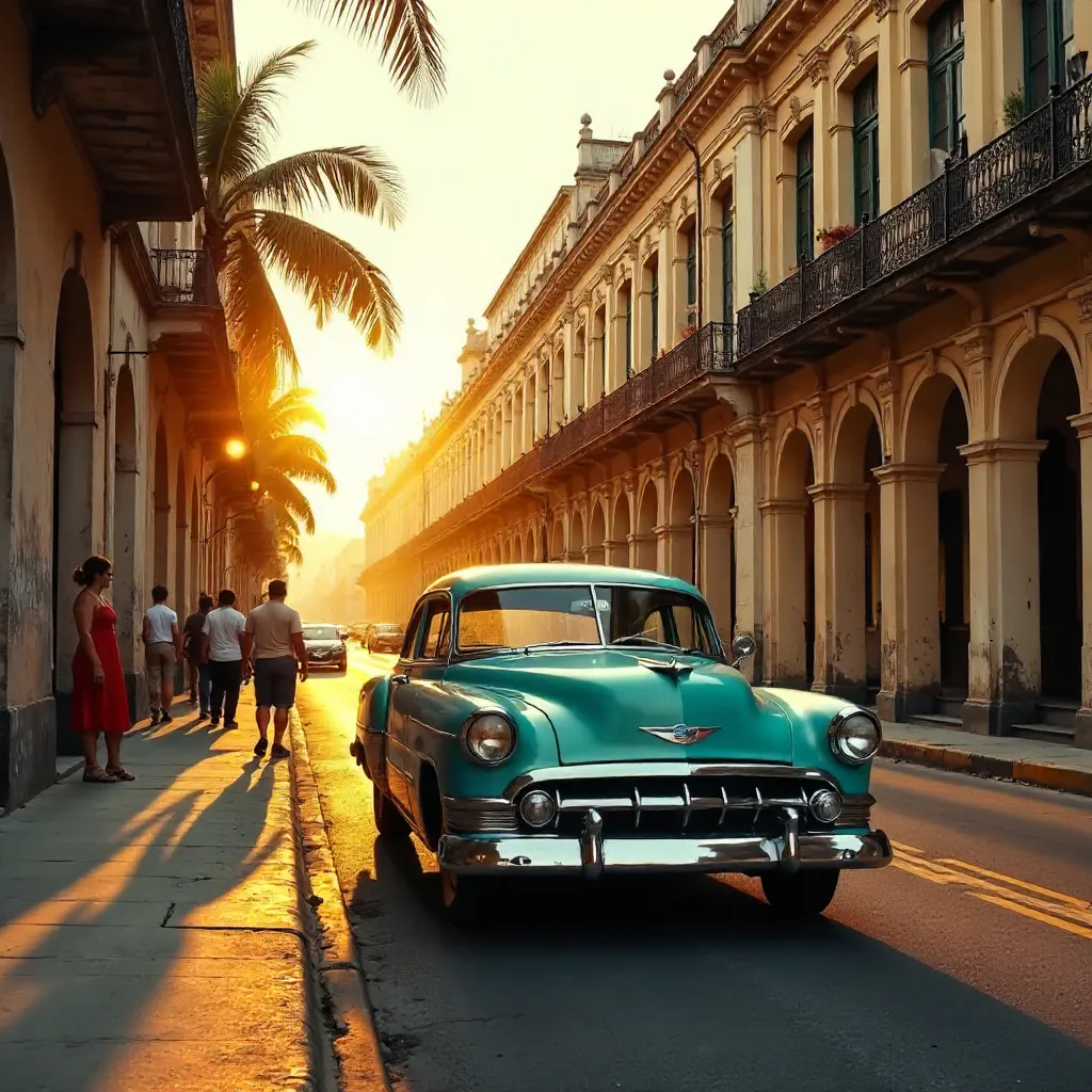 Golden Hour Havana: Vintage Car and Historic Facades