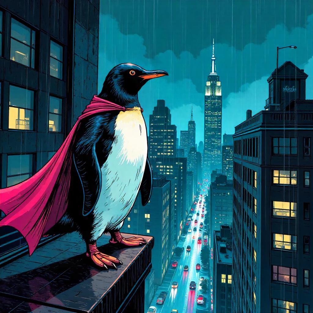 Penguin Hero on a Neon Skyscraper