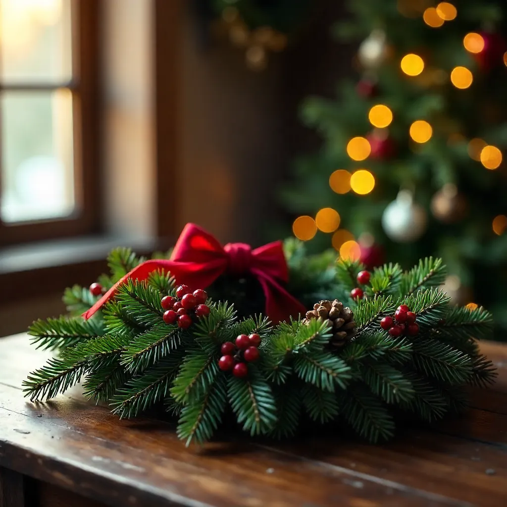 Festive Wreath with Red Ribbon on a Table