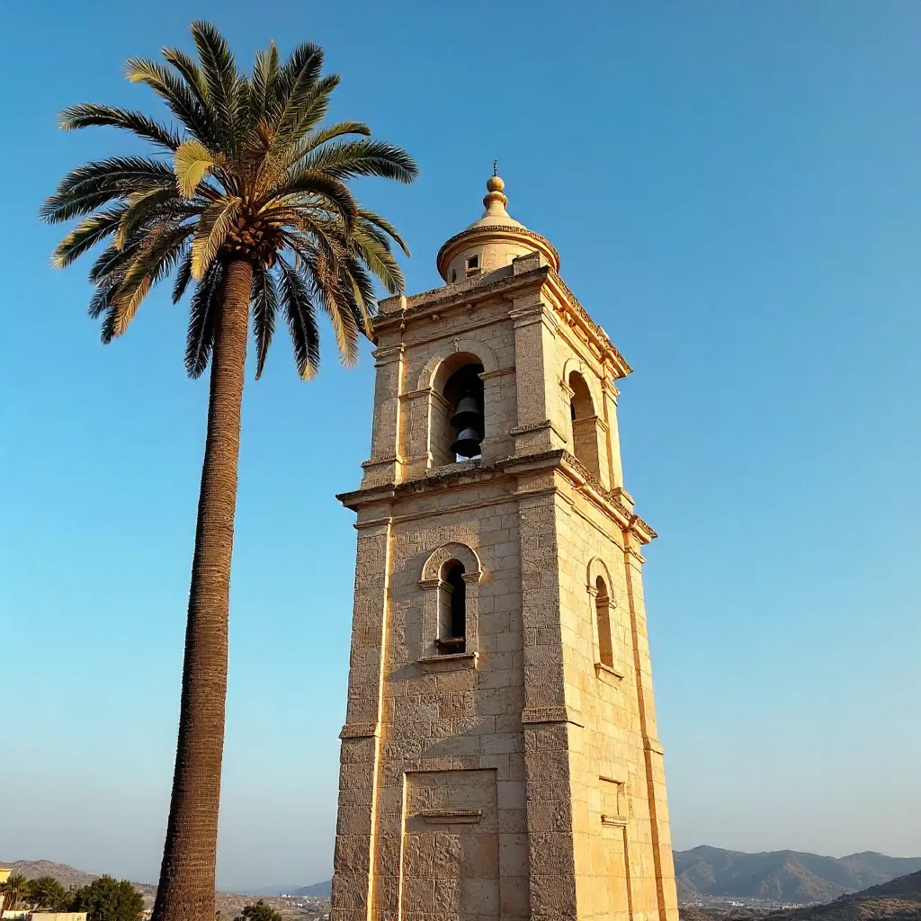 Historic Bell Tower and Tall Palm Beneath Clear Blue Sky