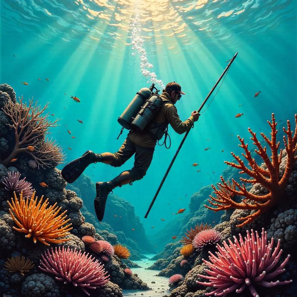 Coral Reef Hunter: An Underwater Oil Painting