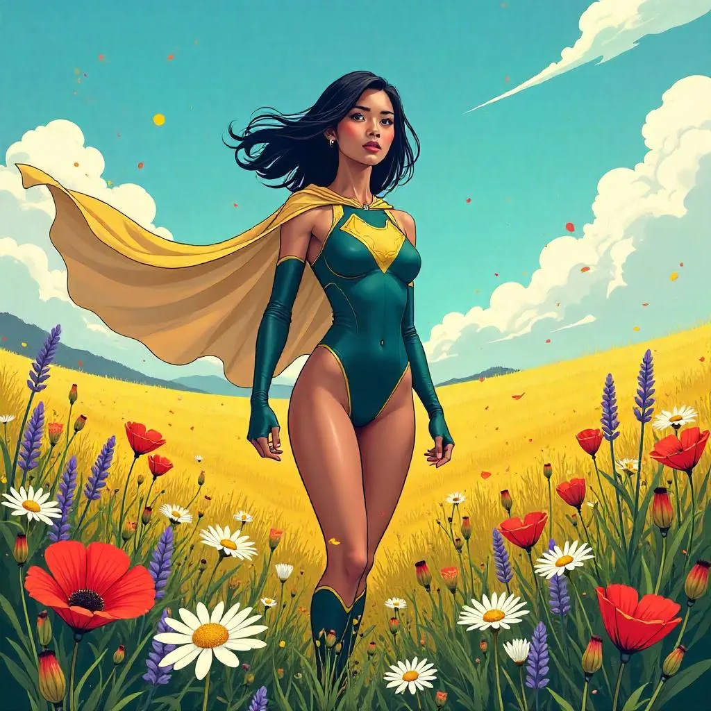 Comic-Book Heroine in a Field of Flowers
