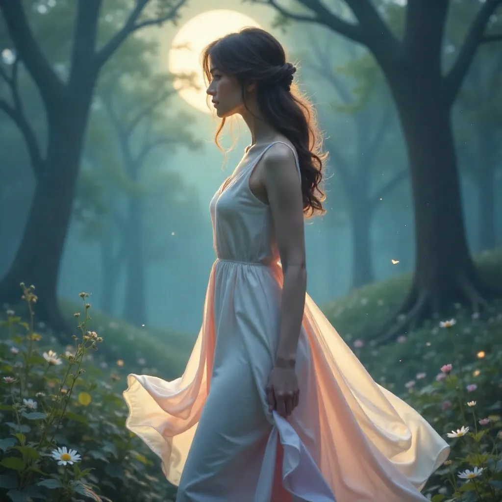 Ethereal Portrait: Enigmatic Woman in Flowing Dress