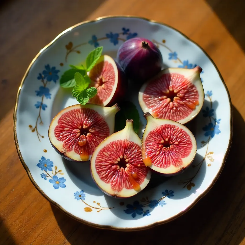 Top-Down Fresh Fig Slices on Vintage Plate