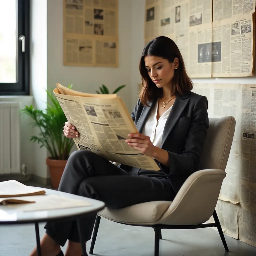 Modern Vogue: Woman Reading Newspaper Among Newspaper Decor