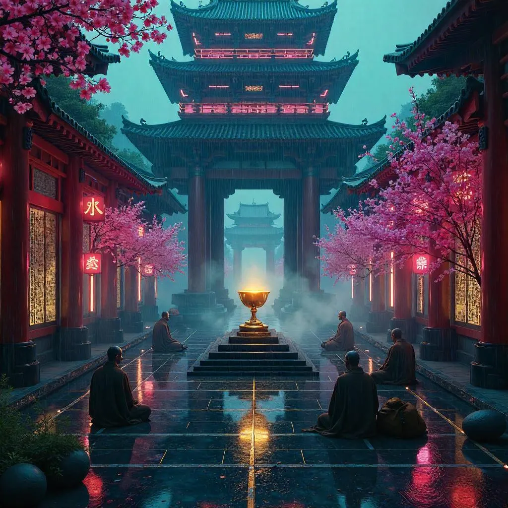 Neon Grail in a Cyberpunk Pagoda