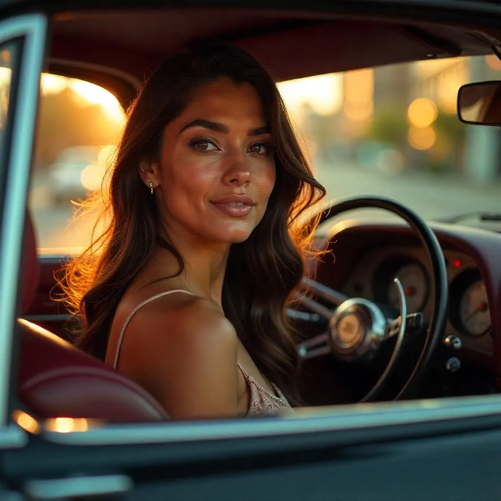 Photorealistic Latina Woman in a Car at Golden Hour