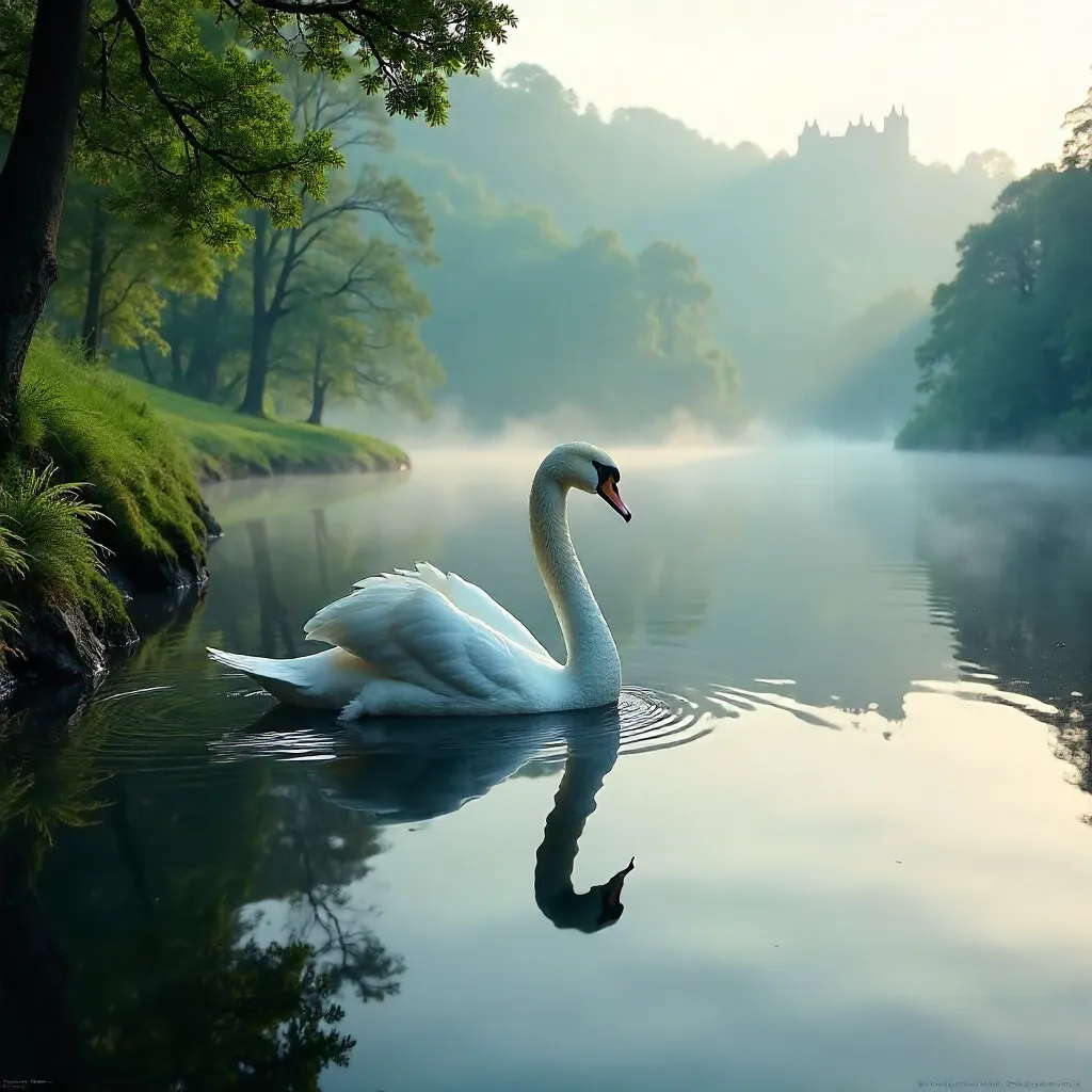 Swan in Misty Sintra Pond at Dawn