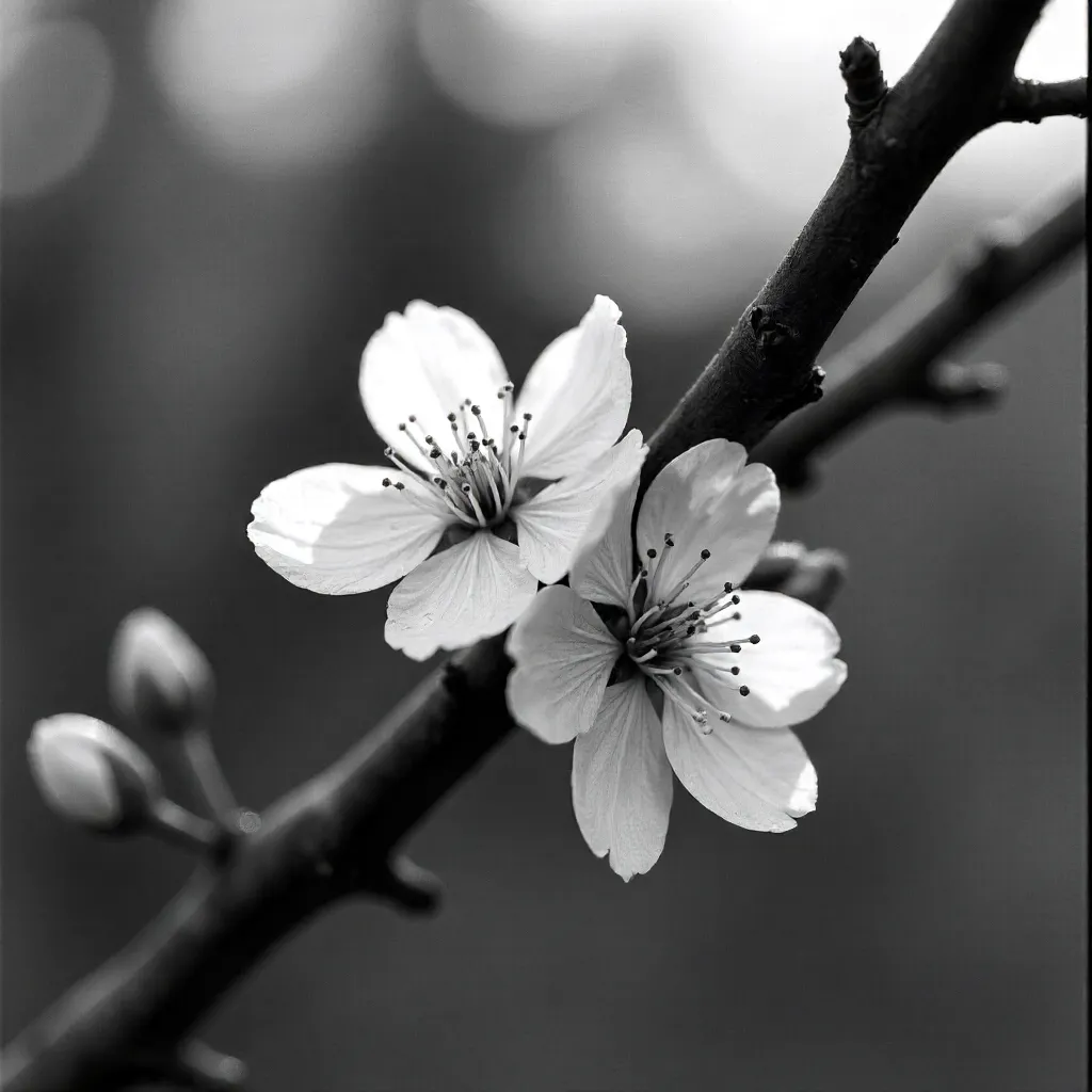Monochrome Blossoms on Branches: Delicate Spring