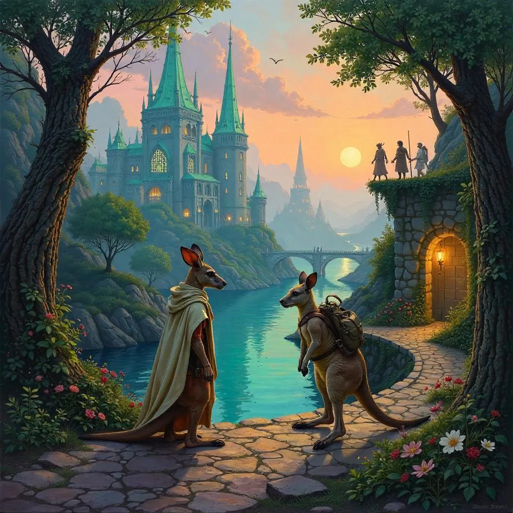 Kangaroo in an Elven City: An Oil Painting