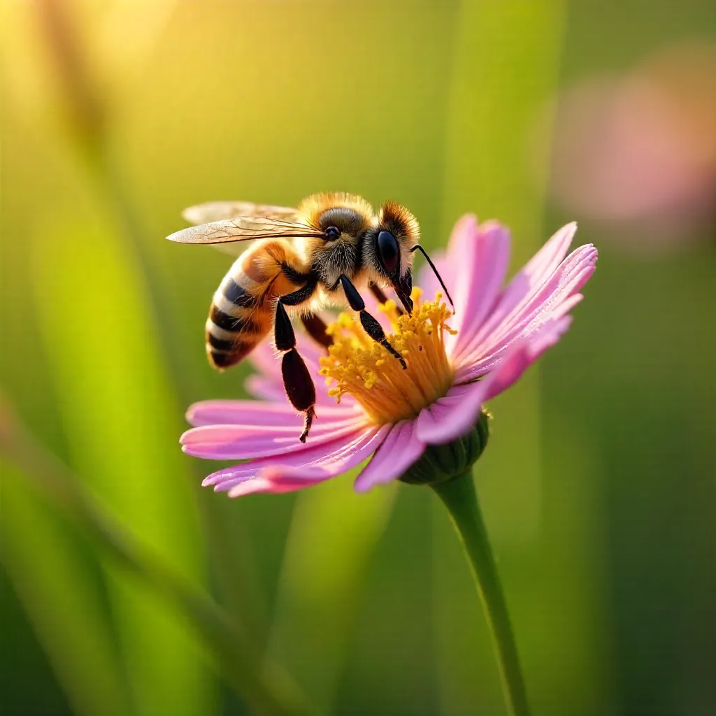 Macro Honeybee Pollinating Pink Wildflower in Meadow