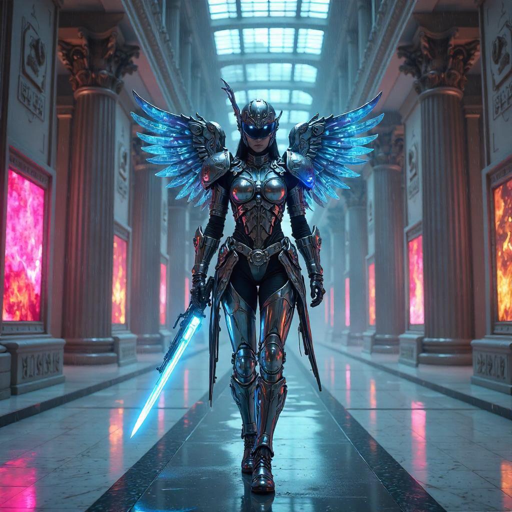 Neon Valkyrie Guard in the Cybermuseum