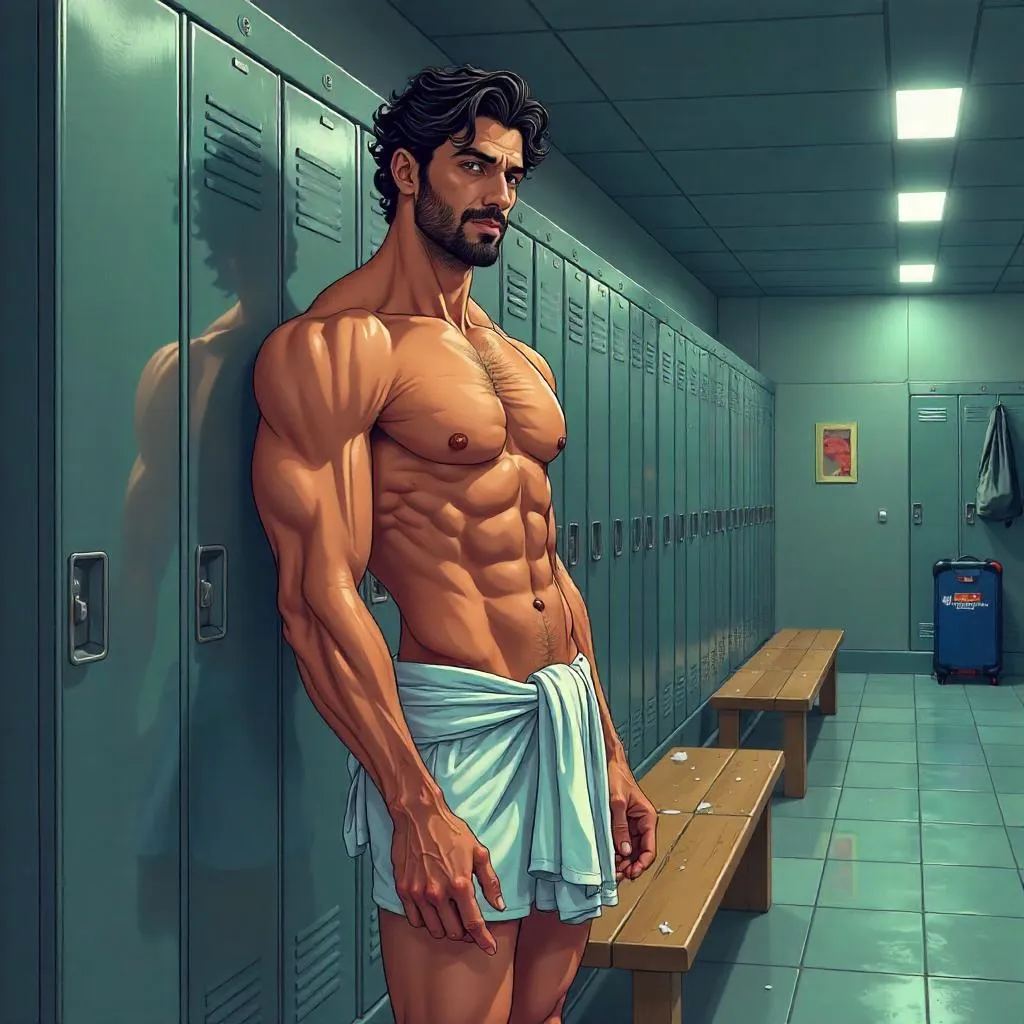 Handsome Middle Eastern Man in an Anime Locker Room