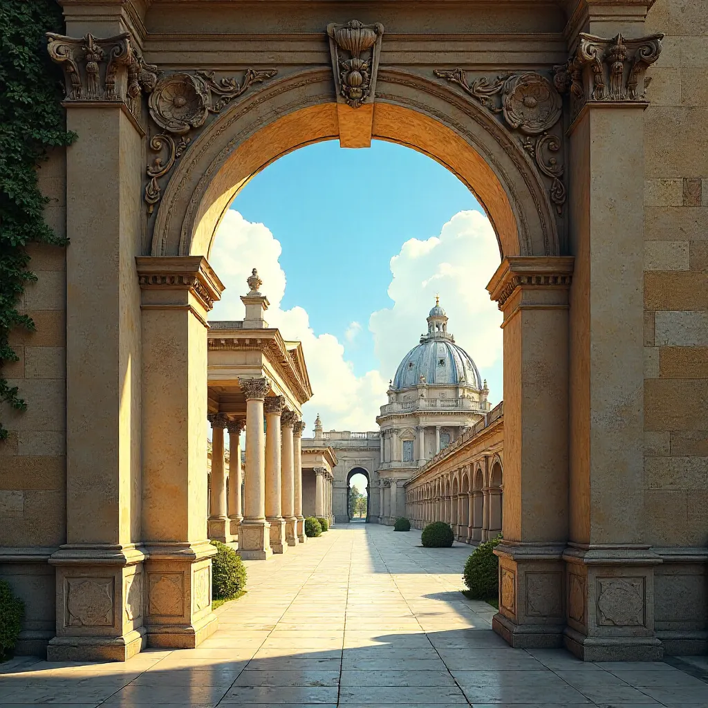 Through an Ornate Archway to Historic Architecture Under Bright Sky