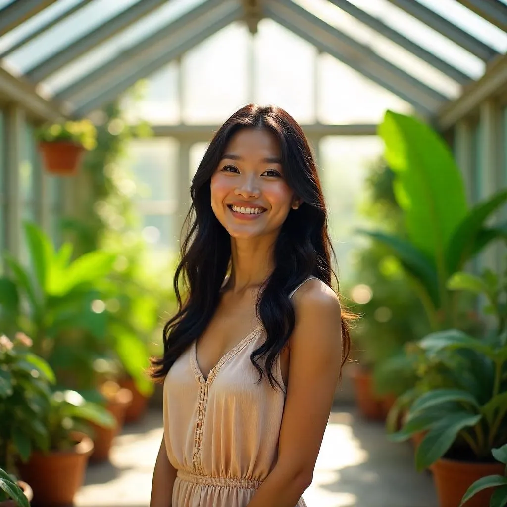 Cheerful Asian Woman in a Sunlit Conservatory