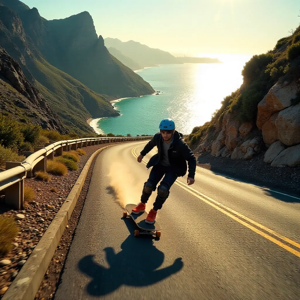 Skateboarder on Cape Town Mountain Road at Golden Hour