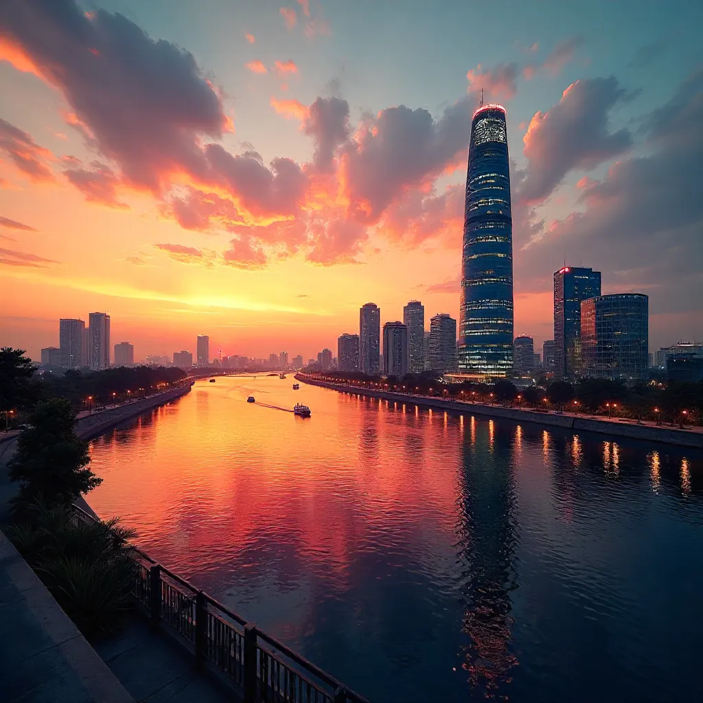 Sunset Skyline over Saigon River with Landmark 81