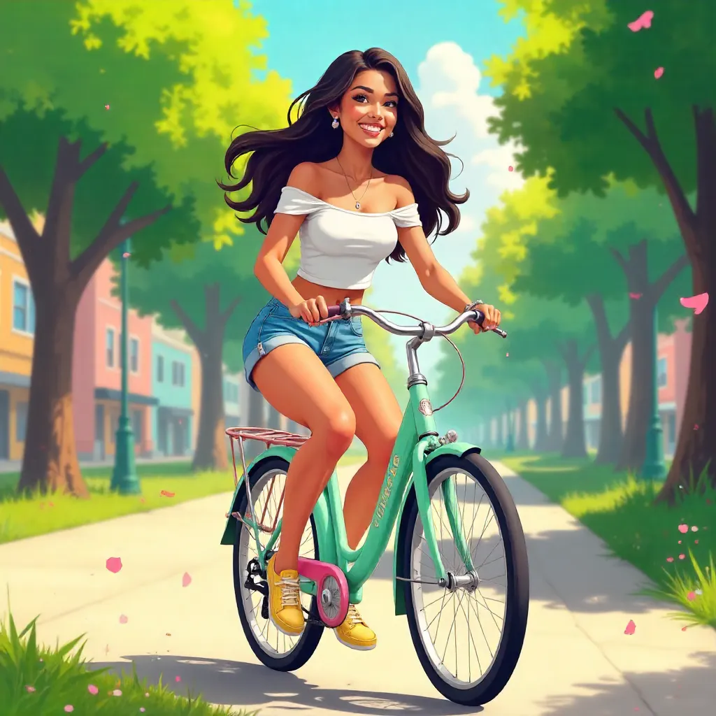 Cheerful Latina on a Bicycle in Anime Style