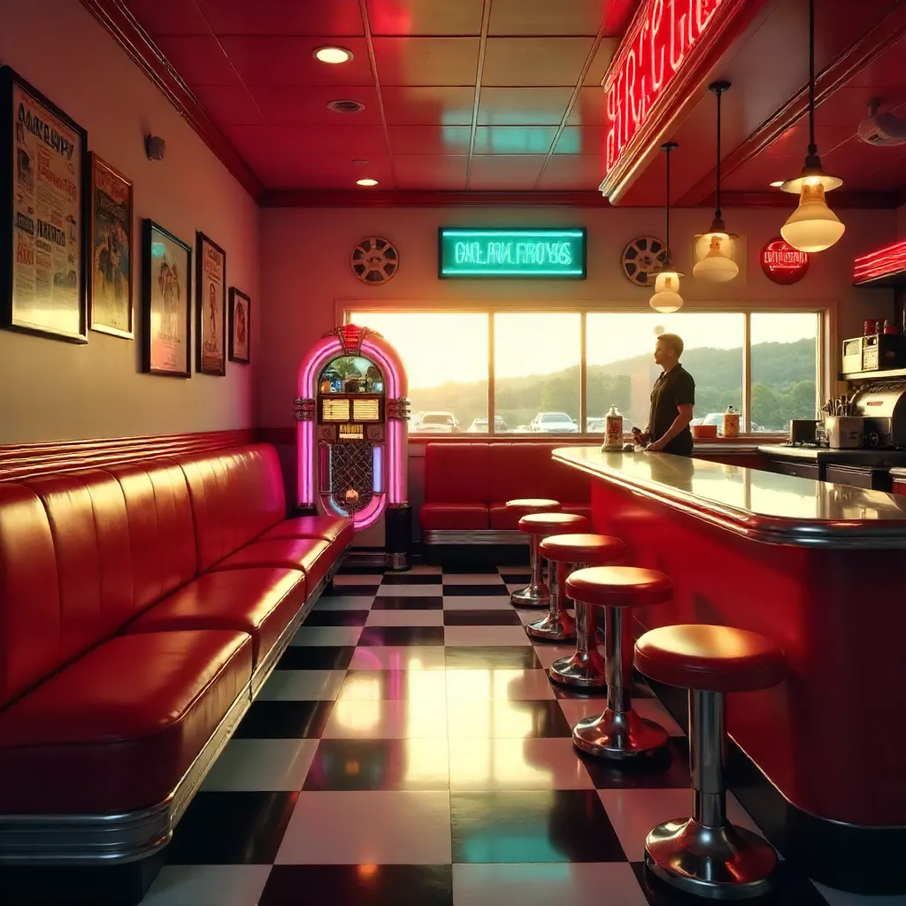 Vintage Hollywood Diner with Red Booths and Jukebox