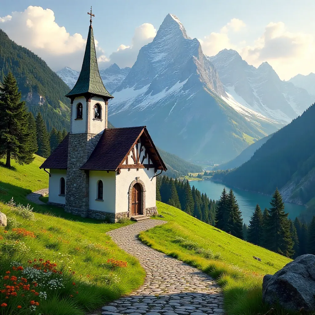 Alpine Church Among Verdant Hills and Majestic Peaks