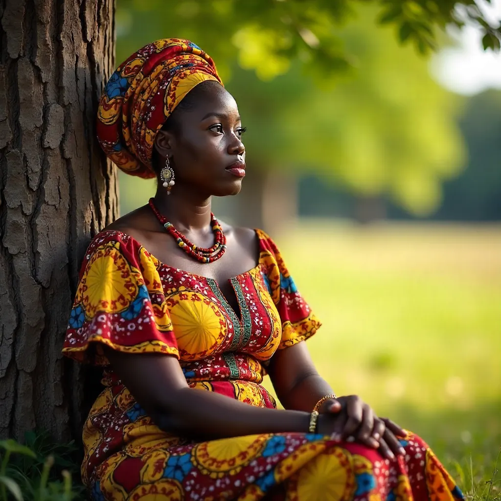 Thoughtful Woman in Colorful African Attire by a Tree