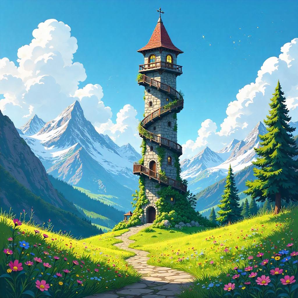 Tower in an Alpine Anime Meadow