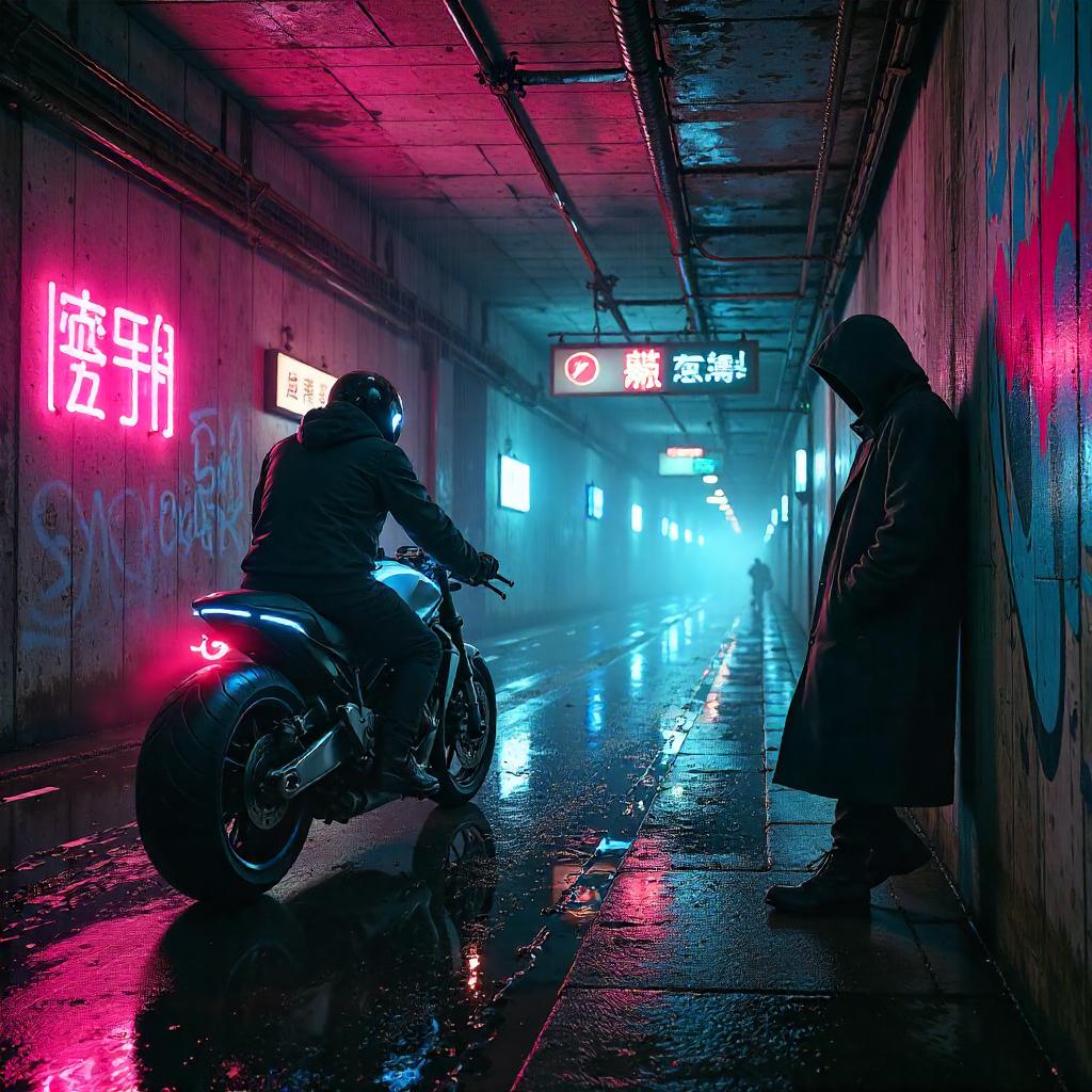 Rainy Neon Tunnels: A Cyberpunk Underground Scene