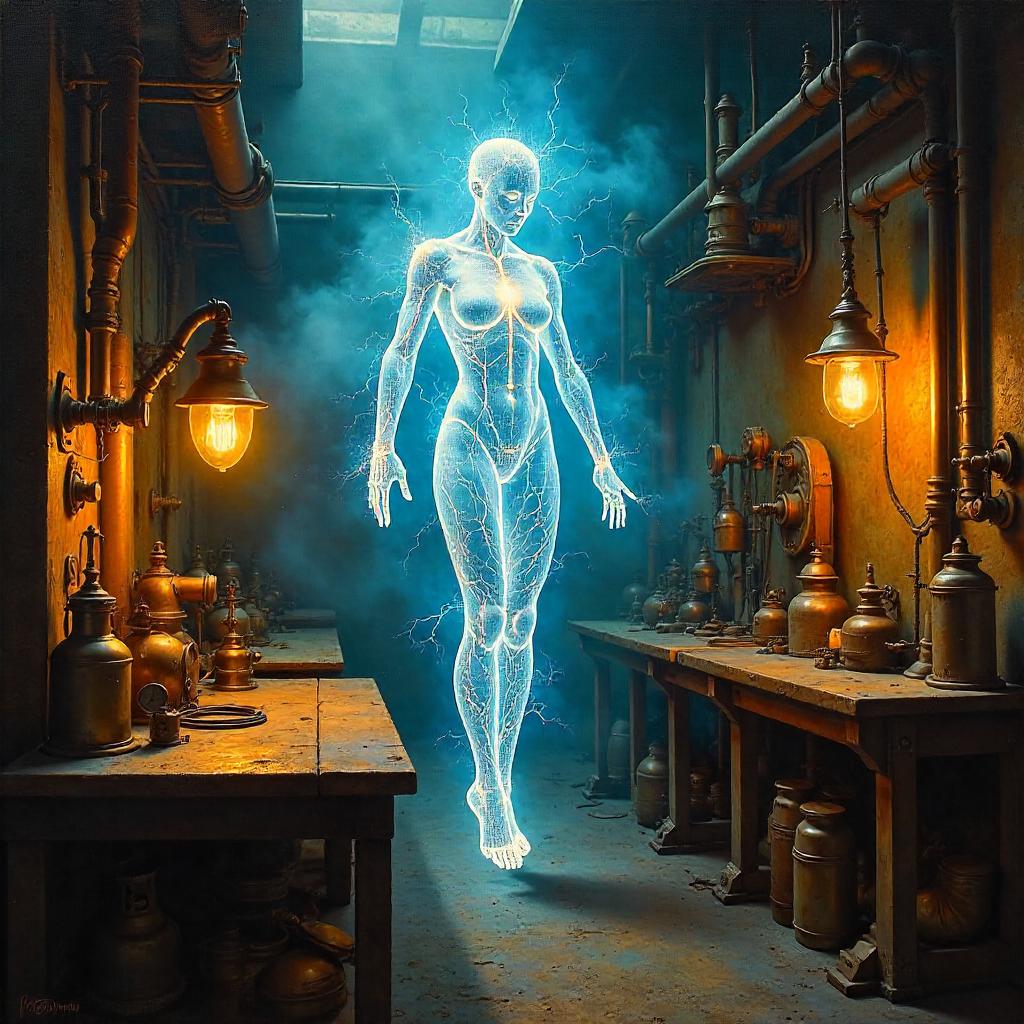 Luminous Energy Being in a Steampunk Workshop