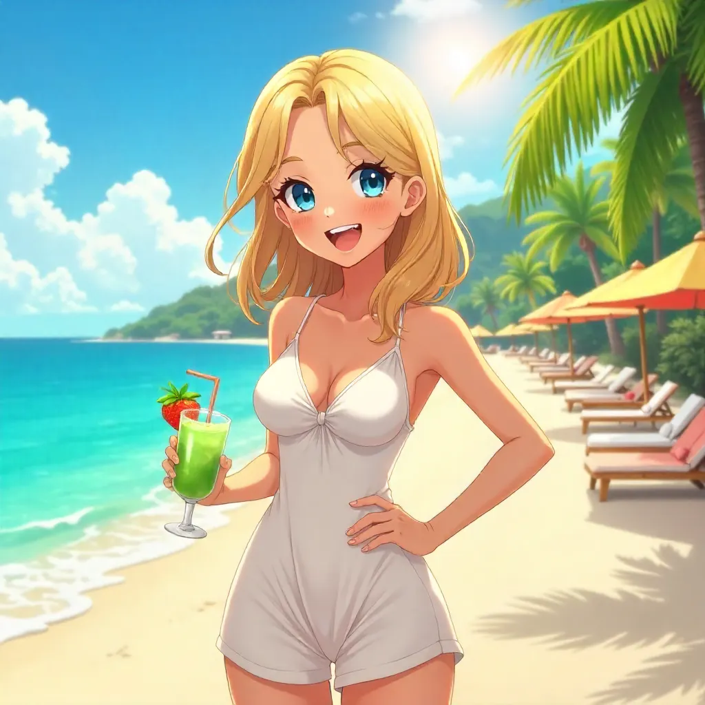 Cheerful Caucasian Woman at a Beach Resort - Anime Style