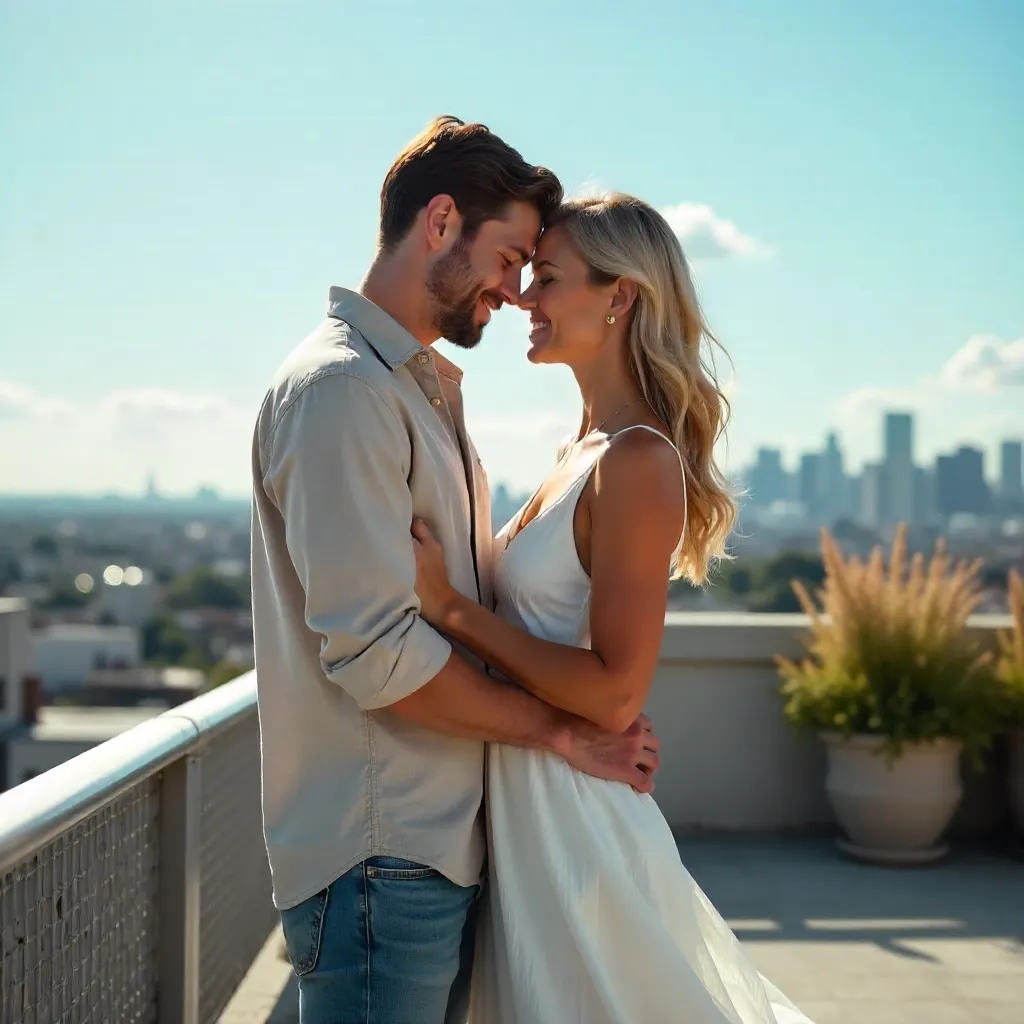 Rooftop Embrace Under a Clear Blue Sky